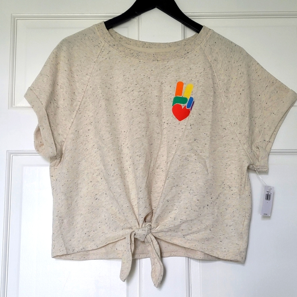 NWT Old Navy Peace Rainbow Pride Cropped Sweatshirt Cream Tie Front Short Sleeve